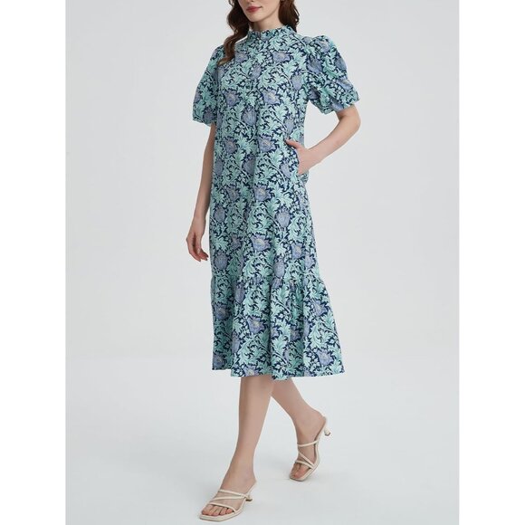 Summer Floral Cotton Midi Dress Women Puff Sleeve Button Pockets Boho - Picture 3 of 6